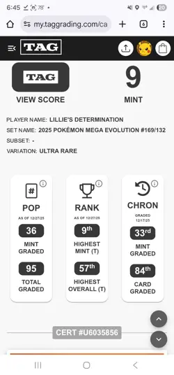 Lillie's Determination Ultra Rare 169/132 Mega Evolution Pokemon TAG 9! - Image 3