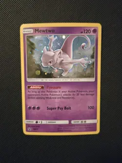 2017 Pokemon Mewtwo SM77 Shining Legends Pin Promo RARE Cosmos Holo w/ SWIRL -NM - Image 1