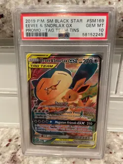 2019 Pokemon Sun Moon Black Star Promo Eevee Snorlax GX Tag Team SM169 PSA 10 - Image 1