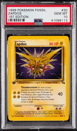 1999 POKEMON FOSSIL 1ST ED #30 ZAPDOS PSA 10 - Image 1