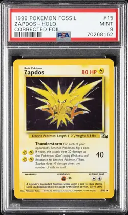 1999 POKEMON FOSSIL CORRECTED FOIL #15 ZAPDOS-HOLO PSA 9 - Image 1