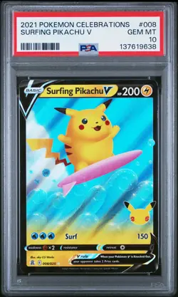 PSA GEM MT 10 - 2021 POKEMON CELEBRATIONS 008 SURFING PIKACHU V - Image 1
