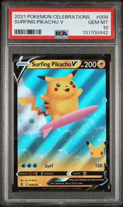 2021 POKEMON CELEBRATIONS #008/025 SURFING PIKACHU V PSA 10 - Image 1