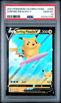 2021 POKEMON CELEBRATIONS #008 SURFING PIKACHU V PSA 10 - Image 1