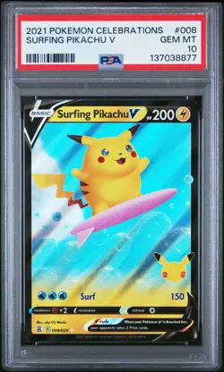 2021 POKEMON CELEBRATIONS #008 SURFING PIKACHU V PSA 10 - Image 1