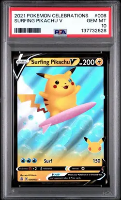 2021 POKEMON CELEBRATIONS #008/025 SURFING PIKACHU V PSA 10 - Image 1