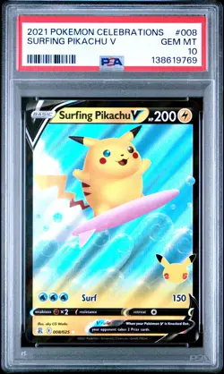 2021 POKEMON CELEBRATIONS #008 SURFING PIKACHU V PSA 10 - Image 1