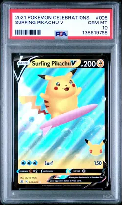 2021 POKEMON CELEBRATIONS #008 SURFING PIKACHU V PSA 10 - Image 1