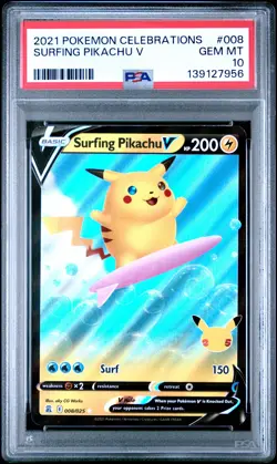 2021 POKEMON CELEBRATIONS #008 SURFING PIKACHU V PSA 10 - Image 1