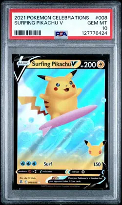 2021 POKEMON CELEBRATIONS #008 SURFING PIKACHU V PSA 10 - Image 1
