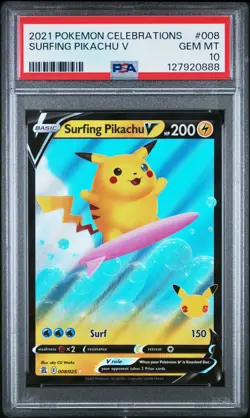 2021 Pokemon Celebrations Surfing Pikachu V PSA 10 #008 - Image 1