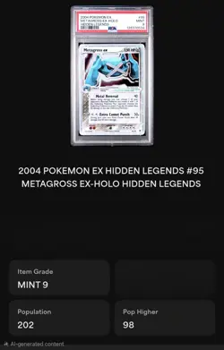 2004 POKEMON EX HIDDEN LEGENDS 95/101 METAGROSS EX HOLO PSA 9 MINT TCG - Image 4