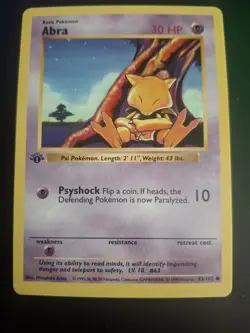 Base Set First Edition Shadowless Abra 43/102 Pokemon TCG - Image 1