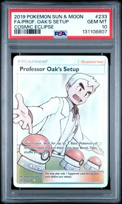 2019 POKEMON SUN & MOON COSMIC ECLIPSE FULL ART/PROFESSOR OAK'S SETUP PSA 10 - Image 1