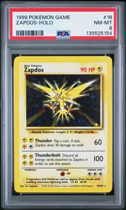 1999 POKEMON BASE SET UNLIMITED #16 ZAPDOS-HOLO PSA 8 - Image 1