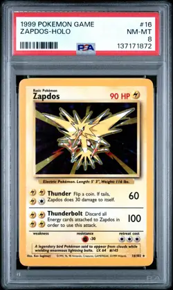1999 POKEMON BASE SET UNLIMITED #16 ZAPDOS-HOLO PSA 8 - Image 1
