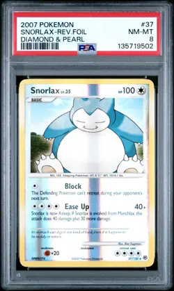 2007 POKEMON DIAMOND & PEARL #37 SNORLAX-REVERSE FOIL PSA 8 - Image 1