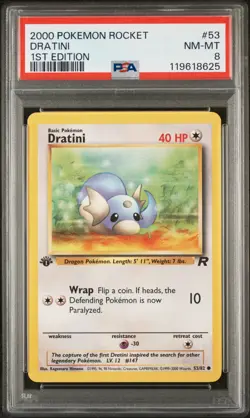 2000 Pokemon Team Rocket Dratini 53 1st Edition PSA 8 Near Mint-Mint - Image 1