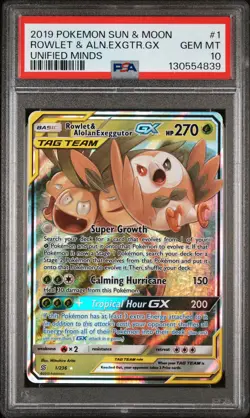 2019 POKEMON SUN & MOON UNIFIED MINDS #1 ROWLET & ALOLAN EXEGGUTOR GX PSA 10 - Image 1
