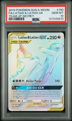 2019 POKEMON SUN & MOON TEAM UP SECRET #190 FULL ART/LATIAS & LATIOS GX PSA 10 - Image 1