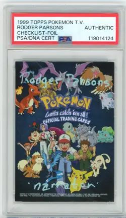 PSA Signed Rodger Parsons Pokemon Checklist 1999 Topps TV Animation Ed (Crease) - Image 1