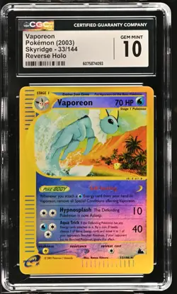 CGC 10 GEM MINT Vaporeon 2003 Skyridge 33/144 Reverse Holo Pokemon Card - Image 1