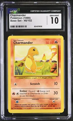 CGC 10 GEM MINT Charmander 1999 Base Set 46/102 Pokemon Card - Image 1