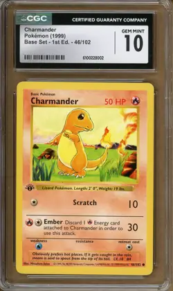Pokemon 1st Edition Base Set (Shadowless) #46/102 Charmander CGC 10 - Image 1