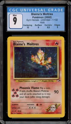 Pokemon Blaine's Moltres Gym Heroes Unlimited Holo Rare #1 CGC 9 Mint - Image 1