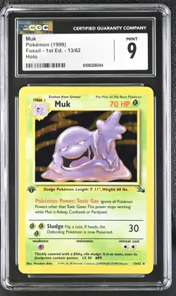 CGC 9 MINT Muk 1999 Fossil 13/62 1st Edition Holo Pokemon Card - Image 1