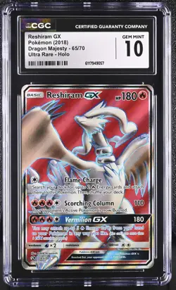 CGC 10 GEM MINT Reshiram GX Dragon Majesty 65/70 Ultra Rare Holo Pokemon Card - Image 1