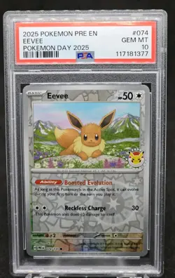 Eevee Pokemon Day 074/131 Prismatic Evolutions Stamped Promo English PSA 10 Holo - Image 1