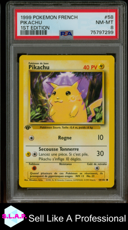 PIKACHU POKEMON #58 1999 BASE SET - 1. EDITION NON-HOLO FRENCH PSA 8 - Image 1