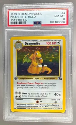 102189036 Dragonite 1999 Pokemon Fossil 1st Edition #4 Holo PSA 8 - Image 1