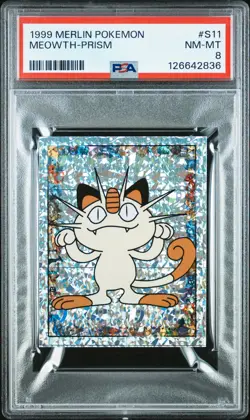 1999 MERLIN POKEMON #S11 MEOWTH-PRISM PSA 8 - Image 1