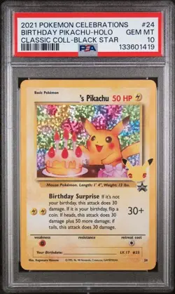 2021 Pokemon Pikachu 24/53 Birthday Celebrations: Classic Collection Holo PSA 10 - Image 1