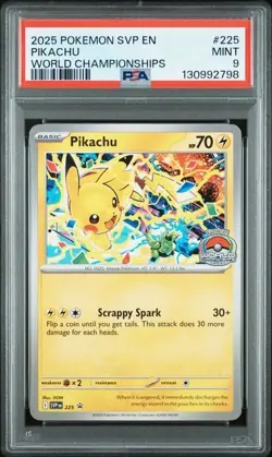 2025 POKEMON SVP EN-SV BLACK STAR PROMO WORLD CHAMPIONSHIPS #225 PIKACHU PSA 9 - Image 1