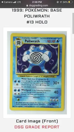 1999 Pokemon Base Set Unlimited HOLO POLIWRATH #13 Graded DSG MINT 7 PSA 13/102 - Image 4