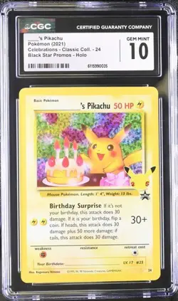 CGC 10 Birthday Pikachu Holo 24 Celebrations Classic Collection Pokemon - Image 1