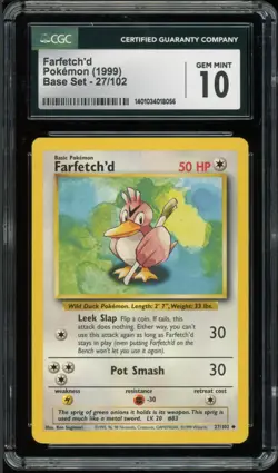 CGC 10 Gem Mint Farfetch'd 27/102 Base Set Unlimited 1999 Pokemon - Image 1
