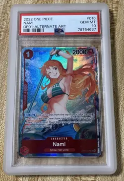 PSA 10 GEM MT Nami OP01-016 Romance Dawn ALT ART Errata Foil One Piece Card Game - Image 1