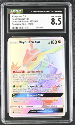 CGC 8.5 Rayquaza GX Celestial Storm 177/168 Rainbow Rare Holo Pokemon - Image 1