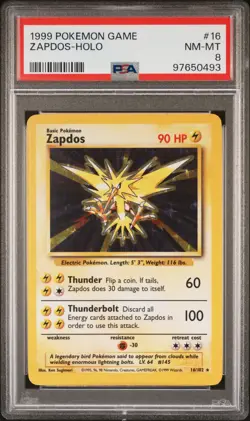 1999 POKEMON BASE SET UNLIMITED #16 ZAPDOS-HOLO PSA 8 - Image 1