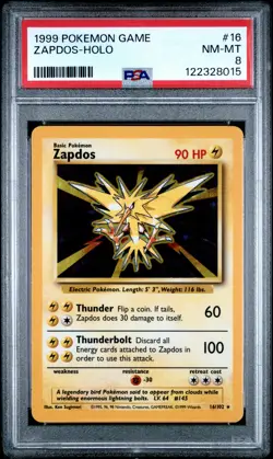 1999 POKEMON BASE SET UNLIMITED #16 ZAPDOS-HOLO PSA 8 - Image 1
