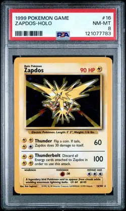 1999 POKEMON BASE SET UNLIMITED #16 ZAPDOS-HOLO PSA 8 - Image 1
