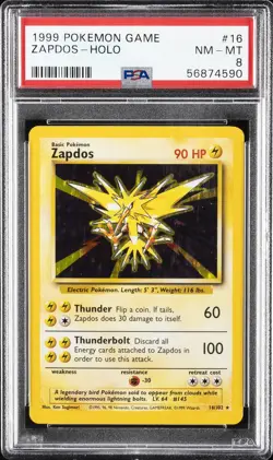 1999 POKEMON BASE SET UNLIMITED #16 ZAPDOS-HOLO PSA 8 - Image 1