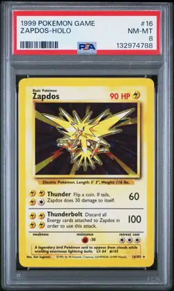 1999 POKEMON BASE SET UNLIMITED #16 ZAPDOS-HOLO PSA 8 - Image 1