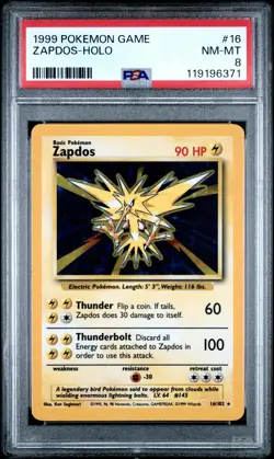 1999 POKEMON BASE SET UNLIMITED #16 ZAPDOS-HOLO PSA 8 - Image 1