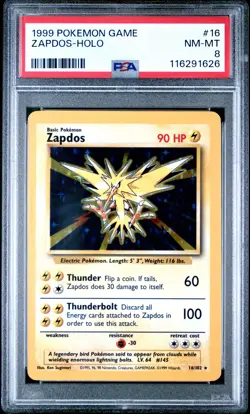 1999 POKEMON BASE SET UNLIMITED #16 ZAPDOS-HOLO PSA 8 - Image 1