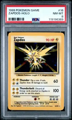 1999 POKEMON BASE SET UNLIMITED #16 ZAPDOS-HOLO PSA 8 - Image 1